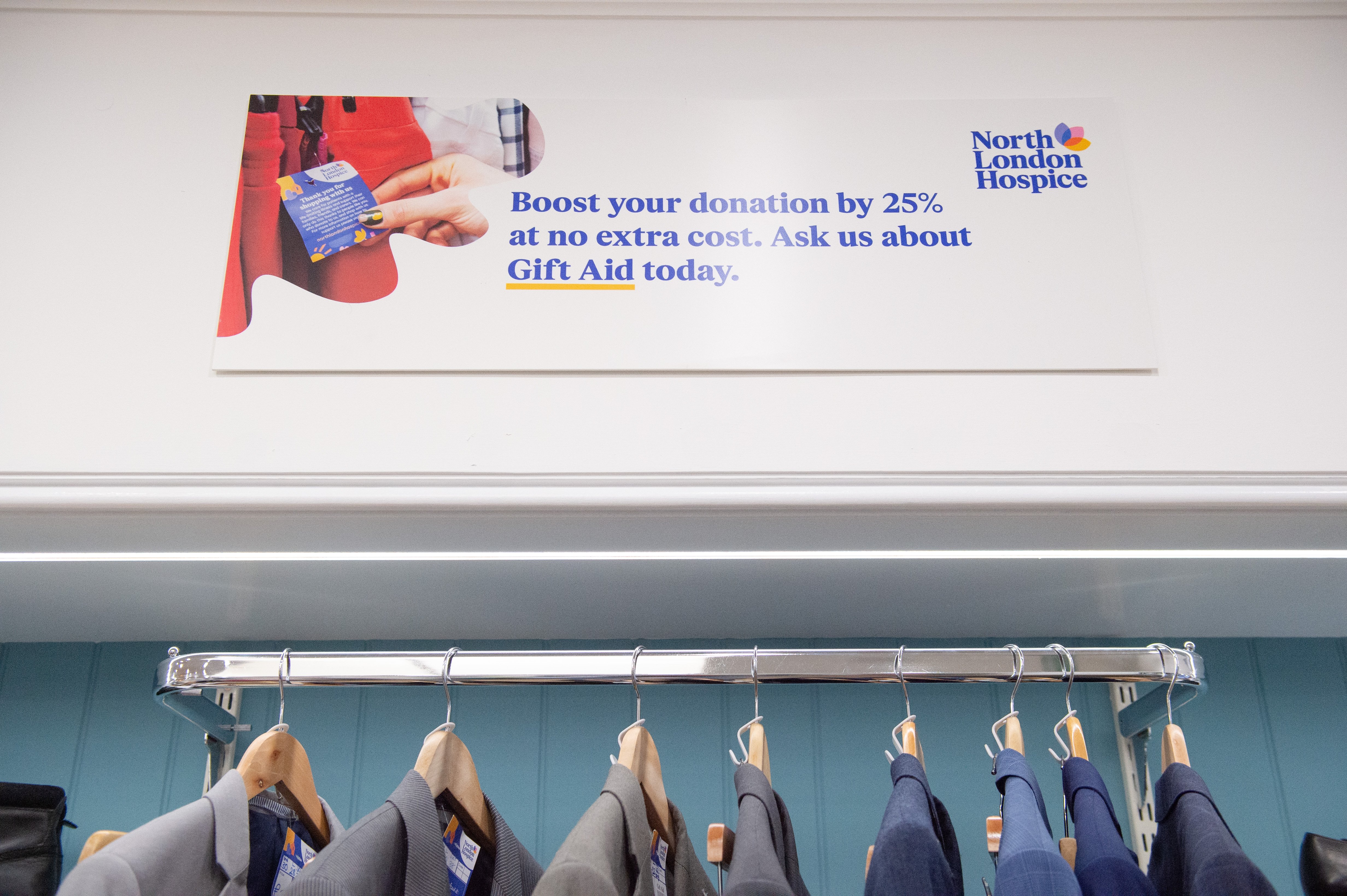 Gift Aid Sign in North London Hospice Shop
