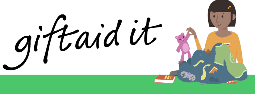 Image showing Gift Aid logo, and Nina, a charity shop assistant sorting through donations 